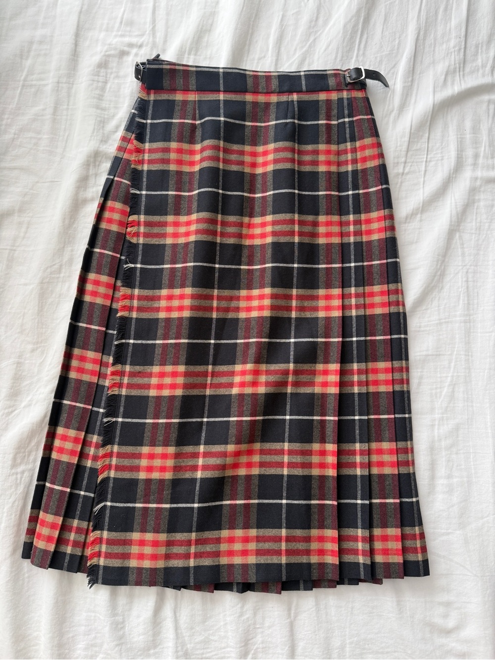 Burberry Red and Black Tartan Pleated Wrap Midi Skirt